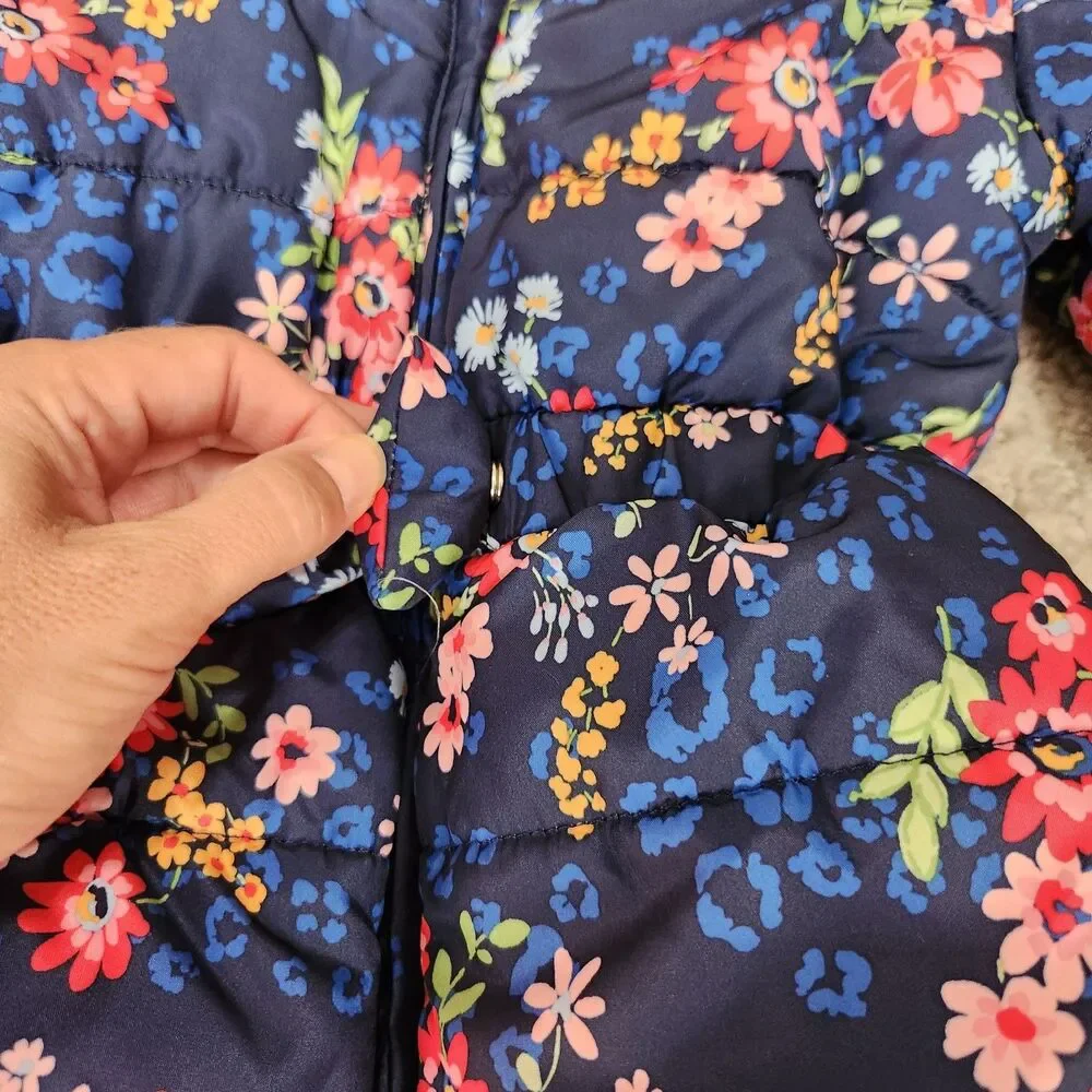 Little Me girls floral puffer hood heavyweight jacket blue pink size 2T